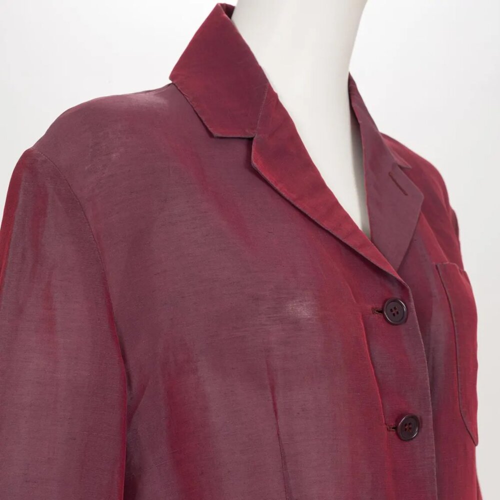 Romeo Gigli 1990s Vintage Iridescent Burgundy Linen & Silk Organza Jacket - Picture 4 of 10
